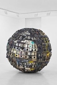 Romuald Hazoumè, Exit Ball, 2008. Plastic and metal, 82 11/16 × 82 11/16 inches (210 × 210 cm) © Romuald Hazoumè, ADAGP 2016, photo by Thomas Lannes