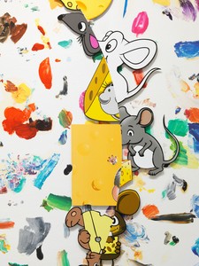 Urs Fischer, mousecheesecircle, 2016 (detail). Aluminum, epoxy, steel, acrylic primer, gesso, acrylic ink, acrylic silkscreen medium, and acrylic paint, 83 ⅝ × 91 ¼ × ⅜ inches (212.4 × 231.8 × 1 cm), edition of 2 + 1 AP Installation view, Gagosian, 980 Madison Avenue, New York © Urs Fischer. Photo: Rob McKeever