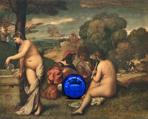 Jeff Koons, Gazing Ball (Titian Pastoral Concert), 2016. Oil on canvas, glass, and aluminum, 60 × 74 × 14 ¾ inches (152.4 × 188 × 37.5 cm) © Jeff Koons. Photo: Fredrik Nilsen