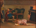 Painting of three people in a room with a piano, including a woman standing, a young girl sleeping in a couch, and a child playing on the floor
