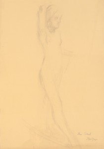 Balthus, Étude pour “Nu au foulard”, 1975. Pencil on paper, 39 ⅜ × 27 ⅝ inches (100.1 × 70.2 cm) © Balthus. Photo: Zarko Vijatovic