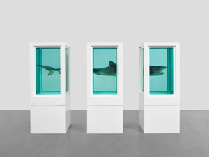 Damien Hirst, Myth Explored, Explained, Exploded, 1993–99. Glass, painted steel, silicone, monofilament, shark, and formaldehyde solution, in 3 parts, dimensions variable © Damien Hirst and Science Ltd. All rights reserved. DACS 2017. Photo: Prudence Cuming Associates