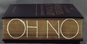 Ed Ruscha, Oh No, 2011. Hand-drilled intaglio on gilt-edged book (The New Lexicon Webster’s Dictionary of the English Language, 1988 edition), 11 × 8 ⅝ × 3 ⅛ inches (27.9 × 21.9 × 7.9 cm) © Ed Ruscha. Photo: Paul Ruscha