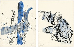 Georg Baselitz, Untitled, 2015. Ink pen, watercolor, and india ink on paper, in 2 parts, left: 26 ⅛ × 19 ¾ inches (66.2 × 50.2 cm), right: 26 ⅛ × 19 ¾ inches (66.3 × 50.2 cm) © Georg Baselitz