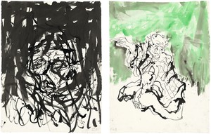 Georg Baselitz, Untitled, 2015. Ink pen, watercolor, and india ink on paper, in 2 parts, left: 26 ⅜ × 20 ⅛ inches (66.8 × 51 cm), right: 26 ⅜ × 20 ⅛ inches (66.9 × 50.9 cm) © Georg Baselitz