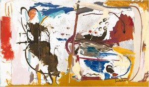 Helen Frankenthaler, First Creatures, 1959. Oil, enamel, charcoal, and pencil on sized, primed linen, 64 ¾ × 111 inches (164.5 × 281.9 cm) © 2017 Helen Frankenthaler Foundation, Inc./Artists Rights Society (ARS), New York. Photo: Rob McKeever