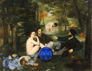 Jeff Koons, Gazing Ball (Manet Luncheon on the Grass), 2014–15. Oil on canvas, glass, and aluminum, 63 × 81 ¼ × 14 ¾ inches (160 × 206.4 × 37.5 cm) © Jeff Koons