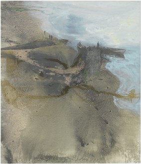 Michael Andrews, Thames Painting: The Estuary, 1994–95 Oil and mixed media on canvas, 86 ½ × 74 ½ inches (219.8 × 189.1 cm)Collection of Pallant House Gallery© The Estate of Michael Andrews. Courtesy James Hyman Gallery, London. Photo: Mike Bruce