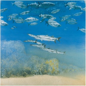 Michael Andrews, School IV: Barracuda under Skipjack Tuna, 1978. Acrylic on canvas, 69 × 69 inches (175.2 × 175.2 cm) © The Estate of Michael Andrews. Courtesy James Hyman Gallery, London