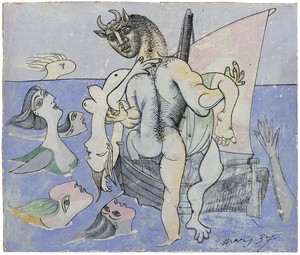 Pablo Picasso, Minotaure dans une barque sauvant une femme, March 1937 (Paris). India ink and gouache on paperboard, 8 ⅝ × 10 ⅝ inches (22 × 27 cm) © Estate of Pablo Picasso/Artists Rights Society (ARS), New York. Photo: Eric Baudouin