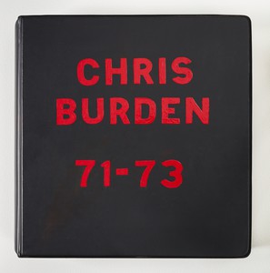 Chris Burden, Deluxe Photo Book 1971–73, 1974. Gelatin silver prints, chromogenic prints, and typewritten note in loose-leaf binder with hand-painted cover, 12 x 12 x 3 inches (30.5 x 30.5 x 7.6 cm), edition of 50 © Chris Burden/Licensed by The Chris Burden Estate and Artists Rights Society (ARS), New York