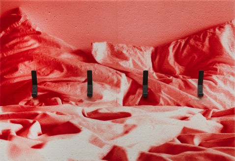 Adam McEwen, TBT (Small Bed), 2018 Inkjet print on cellulose sponge and graphite, 37 × 53 ½ × 4 ½ inches (94 × 135.9 × 11.4 cm)© Adam McEwen. Photo: Jeff McLane