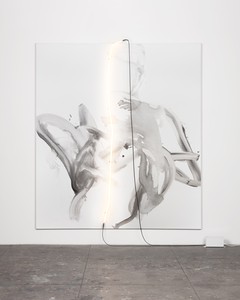 Mary Weatherford, Silver Writing, 2018. Flashe on linen, 117 × 104 inches (297.2 × 264.2 cm) © Mary Weatherford. Photo: Fredrik Nilsen Studio