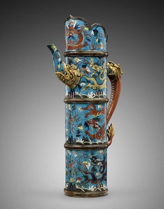 Ewer (duomuhu), late Ming dynasty (1368–1644) to early Qing dynasty (1644–1911)—17th century. Gilt bronze and cloisonné enamel, height: 23 ⅞ inches (60.5 cm), width: 13 ¾ inches (35 cm) Provenance: Private Collection, Netherlands, purchased in 1928 from E. J. van Wisselingh &amp; Co, Amsterdam Photo: Frédéric Dehaen, Studio Roger Asselberghs