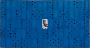 Harmony Korine, Blue Anamorphic Blockbuster, 2018. Oil stick, oil-based paint marker, spray paint, and house paint on VHS cassettes and covers mounted on board, 37 × 70 inches (94 × 177.8 cm) © Harmony Korine. Photo: Rob McKeever