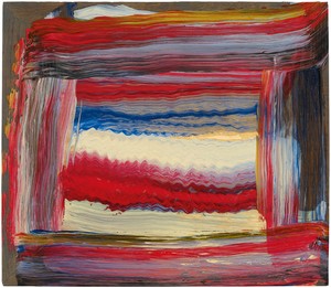 Howard Hodgkin, Knitting Pattern, 2015–16. Oil on wood, 13 ¼ × 15 ¼ inches (33.7 × 38.7 cm) © Howard Hodgkin Estate. Photo: Prudence Cuming Associates