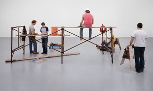 Sharon Lockhart, Lunch Break installation, “Duane Hanson: Sculptures of Life,” 14 December 2002–23 February 2003, Scottish National Gallery of Modern Art, 2003 (detail). Chromogenic print, in 4 parts, each: 72 × 121 inches (182.9 × 307.3 cm), the Broad, Los Angeles © Sharon Lockhart. Photo: courtesy the artist and Gladstone Gallery, New York and Brussels
