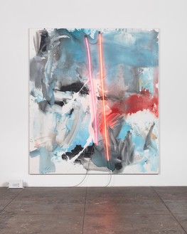 Mary Weatherford, Athena, 2018 Flashe and neon on linen, 117 × 104 inches (297.2 × 264.2 cm)© Mary Weatherford. Photo: Fredrik Nilsen Studio