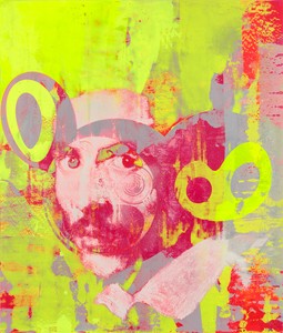 Takashi Murakami and Virgil Abloh, Yellow and Pink, 2018. Acrylic on canvas mounted on aluminum frame, 55 ¾ × 47 ⅜ inches (141.6 × 120.3 cm) ©︎ Virgil Abloh and ©︎ Takashi Murakami. Photo: Joshua White