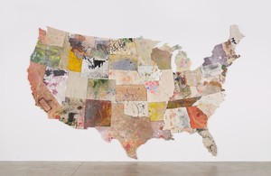 Nate Lowman, Untitled, 2013–15. Oil, acrylic, alkyd, latex, ink, resin, dirt, and sugar on canvas, in 58 parts, contiguous US: 167 ⅞ × 271 ⅞ inches (426.4 × 690.6 cm), Alaska: 38 ½ × 52 inches (97.8 × 132.1 cm), Hawaii: overall dimensions variable © Nate Lowman
