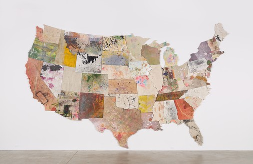 Nate Lowman, Untitled, 2013–15 Oil, acrylic, alkyd, latex, ink, resin, dirt, and sugar on canvas, in 58 parts, contiguous US: 167 ⅞ × 271 ⅞ inches (426.4 × 690.6 cm), Alaska: 38 ½ × 52 inches (97.8 × 132.1 cm), Hawaii: overall dimensions variable© Nate Lowman