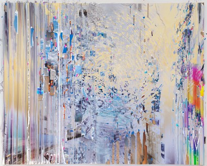 Sarah Sze, Ghost Print (Half-life), 2018 Oil, acrylic, archival paper, adhesive, tape, ink, acrylic polymers, shellac, and water-based primer on wood, 84 × 105 × 4 inches (213.4 × 266.7 × 10.2 cm)© Sarah Sze. Photo: Rob McKeever