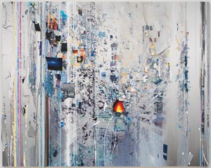 Sarah Sze, First Time (Half-life), 2018. Oil, acrylic, archival paper, adhesive, tape, ink, acrylic polymers, shellac, and water-based primer on wood, 84 × 105 × 4 inches (213.4 × 266.7 × 10.2 cm) © Sarah Sze. Photo: Rob McKeever