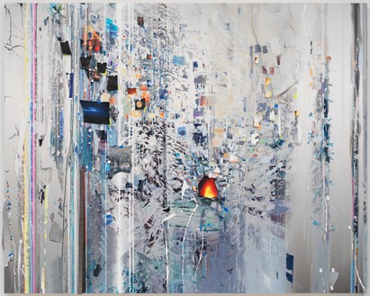 Sarah Sze, First Time (Half-life), 2018 Oil, acrylic, archival paper, adhesive, tape, ink, acrylic polymers, shellac, and water-based primer on wood, 84 × 105 × 4 inches (213.4 × 266.7 × 10.2 cm)© Sarah Sze. Photo: Rob McKeever
