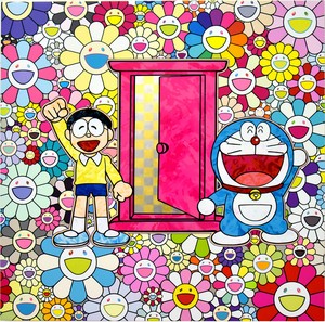 Takashi Murakami, We Came to the Field of Flowers Through Anywhere Door (Dokodemo Door)!, 2018. Acrylic on canvas mounted on aluminum frame, 47 ¼ × 47 ¼ inches (120 × 120 cm) © 2018 Takashi Murakami/Kaikai Kiki Co., Ltd. All rights reserved