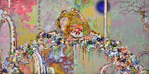 Takashi Murakami, The Lion of the Kingdom that Transcends Death, 2018. Acrylic on canvas mounted on aluminum frame, 59 ⅛ × 118 ⅛ inches (150 × 300 cm) © 2018 Takashi Murakami/Kaikai Kiki Co., Ltd. All rights reserved