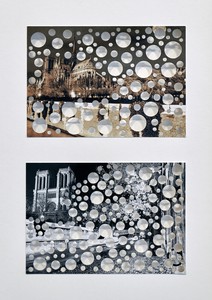 Rachel Whiteread, Untitled (Notre-Dame), 2019. Punched holes on postcard, in 2 parts, framed: 15 × 11 ⅝ × 1 ⅝ inches (38 × 29.5 × 4 cm) © Rachel Whiteread. Photo: Thomas Lannes