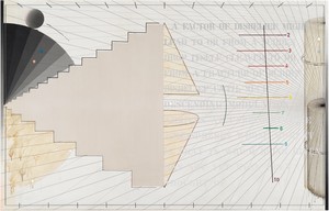 Arakawa, That in Which No. 2, 1974–75. Acrylic, graphite, and marker on canvas, 65 × 102 inches (165.1 × 259.1 cm) © Estate of Madeline Gins. Reproduced with permission of the Estate of Madeline Gins