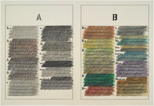 Arakawa, Untitled (Webster’s Dictionary A &amp; B), 1965. Acrylic, graphite, and marker on canvas, 66 × 95 inches (167.6 × 241.3 cm) © Estate of Madeline Gins. Reproduced with permission of the Estate of Madeline Gins