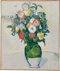 Painting by Paul Cézanne depicting vase with flowers in bloom.