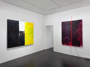 Installation view. Artwork, left to right: © Joe Bradley, © Mary Weatherford