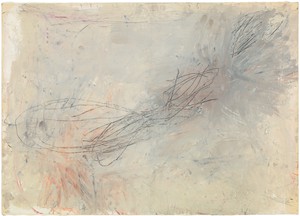 Cy Twombly, Untitled, 1957. Oil-based house paint, wax crayon, lead pencil, and pastel on paper, laid down on canvas, 19 1⁄2 × 27 1⁄2 inches (49.5 × 69.9 cm) © Cy Twombly Foundation