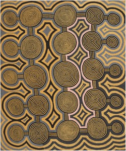 Ronnie Tjampitjinpa, Tarkulnga, 1988. Synthetic polymer paint on linen, 71 ¾ × 59 ¾ inches (182.2 × 151.8 cm) © Ronnie Tjampitjinpa. Photo: Rob McKeever