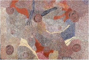 Bill Whiskey Tjapaltjarri, Rockholes and Country near the Olgas, 2007. Synthetic polymer on Belgian linen, 80 ¾ × 118 ⅛ inches (205 × 300 cm) © Bill Whiskey Tjapaltjarri. Photo: Rob McKeever
