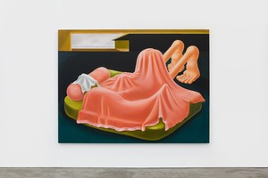 Louise Bonnet, Interior with Pink Blanket, 2019. Oil on linen, 72 × 96 inches (182.9 × 243.8 cm) © Louise Bonnet