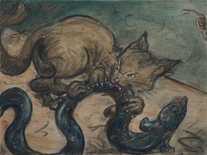 Tanya Merrill, Cat with Eel and Snail, 2019. Oil on linen, 18 × 24 inches (45.7 × 61 cm) © Tanya Merrill. Photo: Rob McKeever