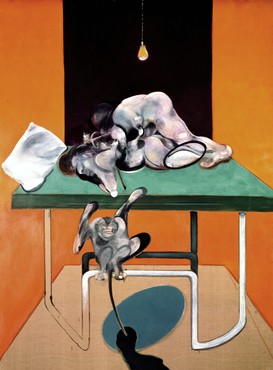 Painting depicting two intertwined figures on table with monkey in foreground.