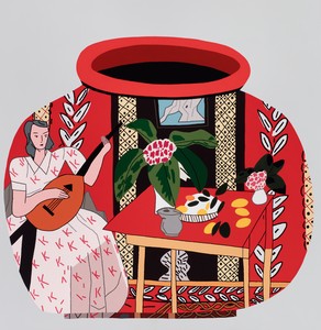 Jonas Wood, Red Pot with Lute Player #2, 2018. Oil and acrylic on canvas, 86 × 90 inches (218.4 × 228.6 cm) © Jonas Wood. Photo: Brian Forrest