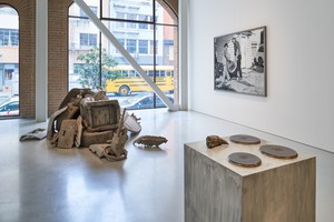 Installation view. Artwork, left to right: © Josh Kline; © 2019 Rosemarie Trockel/Artists Rights Society (ARS), New York; © Jeff Wall. Photo: Glen Cheriton