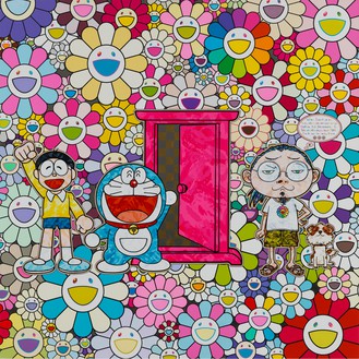 Takashi Murakami, Doraemon and I, 2019 Acrylic and platinum leaf on canvas mounted on aluminum frame, 47 ¼ × 47 ¼ inches (120 × 120 cm)© 2019 Takashi Murakami/Kaikai Kiki Co., Ltd. All rights reserved