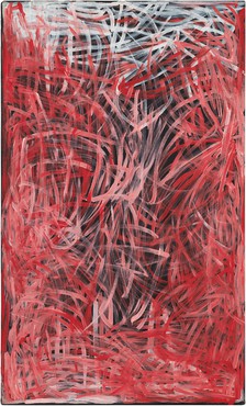 Painting by Emily Kame Kngwarreye with primarily red, pink, white, and black brushstrokes.