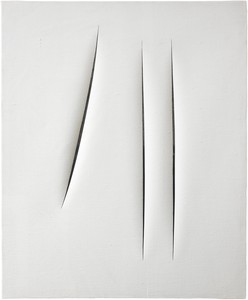 Lucio Fontana, Concetto spaziale, Attese, 1966. Water-based paint on canvas, 24 × 19 ¾ inches (61 × 50 cm) © Fondation Lucio Fontana, Milano/by SIAE/ADAGP, Paris, 2020