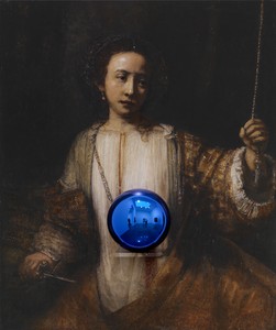Jeff Koons, Gazing Ball (Rembrandt Lucretia), 2015. Oil on canvas, glass, and aluminum, 63 ¾ × 53 ¼ × 14 ¾ inches (161.9 × 135.3 × 37.5 cm) © Jeff Koons. Photo: Tom Powel Imaging