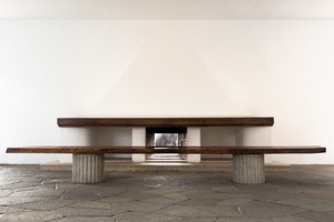 Original walnut and Carrara marble bench conceived in 1941 by Curzio Malaparte in situ at Casa Malaparte, Capri. © Malaparte. Photo: Dariusz Jasak