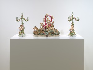 Meissen porcelain statuettes depicting the triumph of Amphitrite and a pair of Dresden five-branch candelabra, from the personal collection of Curzio Malaparte. 