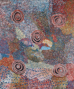 Bill Whiskey Tjapaltjarri, Country and Rockholes near the Olgas, 2006. Synthetic polymer on linen, 71 ⅞ × 59 ⅝ inches (182.6 × 151.5 cm) © Bill Whiskey Tjapaltjarri